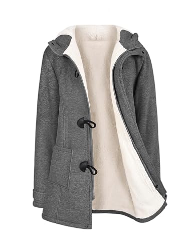 Nadeer Plüsch Jacken Für Damen Mantel Trenchcoat Kapuzenjacke Hornknöpfe Winter Parka Wollmäntel Winterjacke Fleece Hoodie Coat Kapuzen Wintermantel (Dunkelgrau,S) von Nadeer