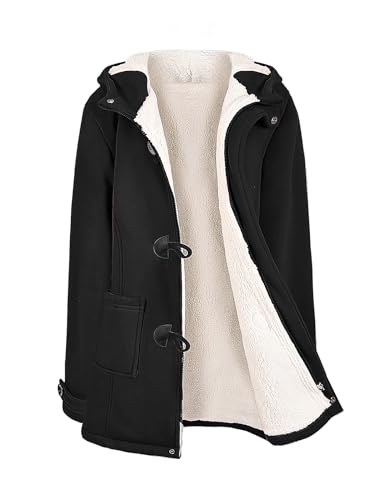 Nadeer Plüsch Jacken Für Damen Mantel Trenchcoat Kapuzenjacke Hornknöpfe Winter Parka Wollmäntel Winterjacke Fleece Hoodie Coat Kapuzen Wintermantel (Schwarz,XL) von Nadeer
