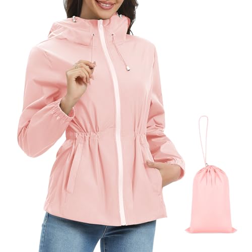 Nadeer Regenjacke Damen Wasserdicht Regenmantel mit Kapuze Dünn Leicht Atmungsaktiv Outdoorjacke Windbreaker Packbar Übergangsjacke mit Aufbewahrungstasche(Rosa,L) von Nadeer