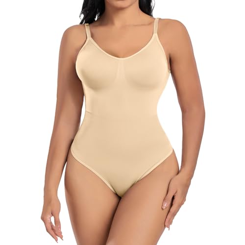 Nadeer Shapewear Damen Body Rückenfrei Bodysuit Sculpting Tanga Body Shaper Bauchweg Stark Formend mit Verstellbarer Schultergurt(Beige,M) von Nadeer