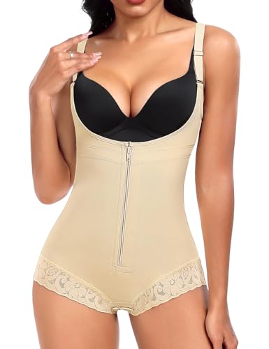 Nadeer Shapewear Damen Body Stark Formend Miederbody Fajas Formende Shaping Bodysuit mit Haken und Reißverschluss(Beige,L) von Nadeer