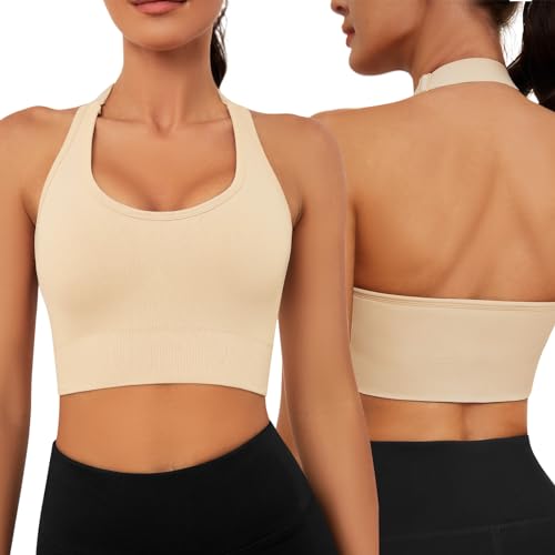 Nadeer Sport BH Rückenfrei Neckholder BH Damen Fitness Bustier Gepolstert Push Up BH Ohne Bügel mit Verstellbare Träger fur Gym Yoga(Beige,S) von Nadeer