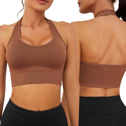 Nadeer Sport BH Rückenfrei Neckholder BH Damen Fitness Bustier Gepolstert Push Up BH Ohne Bügel mit Verstellbare Träger fur Gym Yoga(Braun,L) von Nadeer