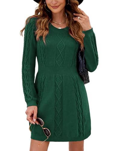 Nadeer Strickkleid Damen Rundhals Pulloverkleid Langarm Winterkleider A-Linie Elegant Kleider Freizeit Herbst und Winter(Grün,XL) von Nadeer