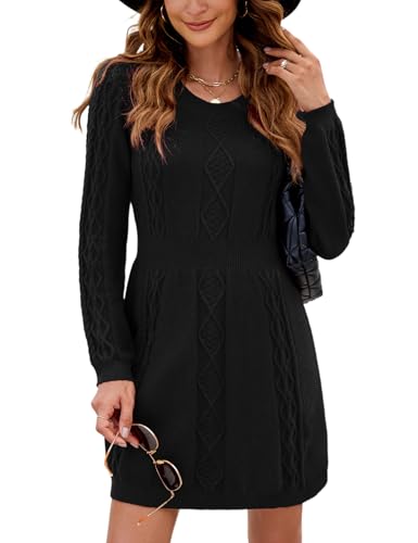 Nadeer Strickkleid Damen Rundhals Pulloverkleid Langarm Winterkleider A-Linie Elegant Kleider Freizeit Herbst und Winter(Schwarz,XL) von Nadeer