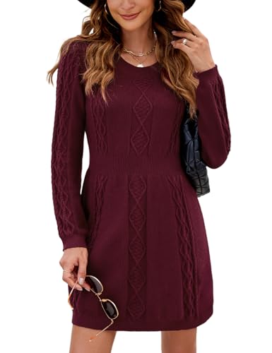Nadeer Strickkleid Damen Rundhals Pulloverkleid Langarm Winterkleider A-Linie Elegant Kleider Freizeit Herbst und Winter(Weinrot,M) von Nadeer
