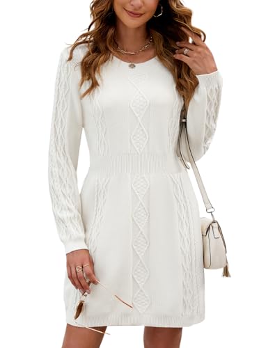 Nadeer Strickkleid Damen Rundhals Pulloverkleid Langarm Winterkleider A-Linie Elegant Kleider Freizeit Herbst und Winter(Weiß,L) von Nadeer