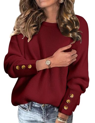 Nadeer Strickpullover Damen Pullover Rundhalsausschnitt Sweatshirt Lose Gerippt Oberteile mit Knopf fur Herbst Winter(Weinrot,S) von Nadeer