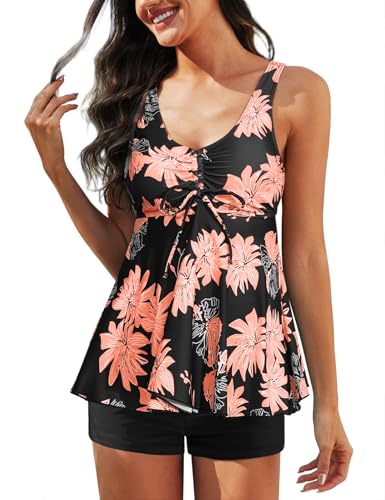 Nadeer Tankini Damen Bauchweg Sexy Badebekleidung Zweiteilig V-Ausschnitt Kordelzug Push up Bademode Set Blumendruck mit Badehose(Armeegrün,M) von Nadeer