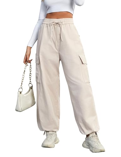 Nadeer Y2K Cargohose für Damen, High Waist Jogginghose Baumwolle, Baggy Cargo Hosen Frauen, Weitem Bein Multi Taschen Wanderhose Hose mit Elastische Bund von Nadeer