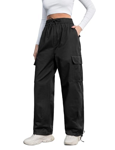 Nadeer Y2K Cargohose für Damen, High Waist Jogginghose Baumwolle, Baggy Cargo Hosen Frauen, Weitem Bein Multi Taschen Wanderhose Hose mit Elastische Bund von Nadeer