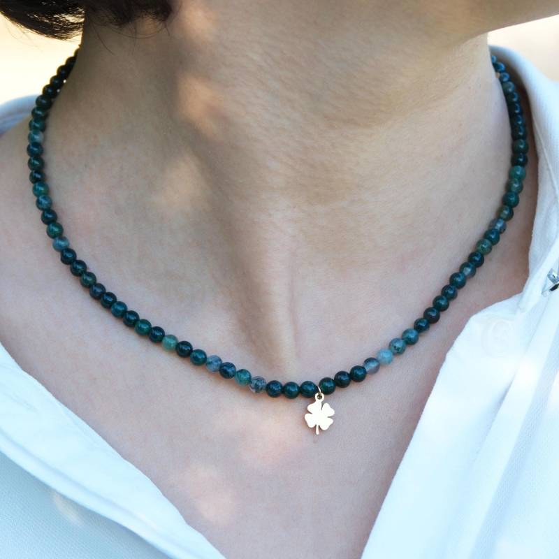 Glücksbringer Halskette - Moosachat 4mm Perlen, Kleeblatt Anhänger Gold, Edelstein Schmuck, Handgefertigt Geschenk von NadiaHandicrafts