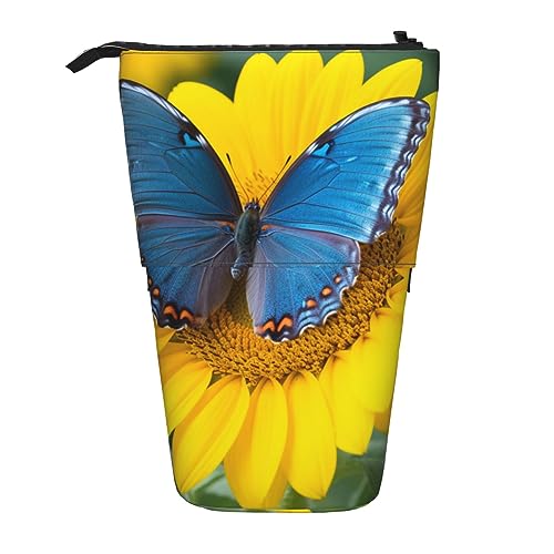 Nadie Federmäppchen mit Sonnenblumen-Motiv, bedruckt, mit blauem Schmetterling, Stehender Stifthalter, Teleskop-Bleistifttasche, Pop-Up-Make-up-Tasche, Sonnenblumen-blaue Butte, Einheitsgröße, von Nadie