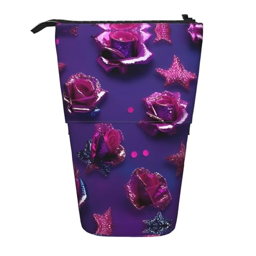 Nadie Teleskop-Federmäppchen mit Glitzer-Pailletten, Rosen-Druck, Stifthalter, Schreibwarenetui, Stand-up-Tasche, einziehbare Tasche, Glitzer-Pailletten-Rose, Einheitsgröße, Taschen-Organizer von Nadie