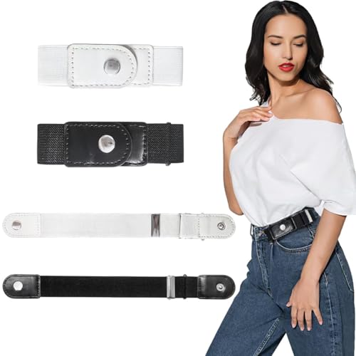 Nadisean 4 Stück Seite Gürtel Ohne Schnalle Damen Herren, Schnallenfrei Elastischer Schwarz Weiß, Schnallenloser Stretch Taillengürtel fit 2 Schleife Abstand 10-20cm von Nadisean