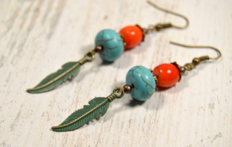 Boho Ohrringe, Baumeln Orange Korallen Türkis Schmuck, Feder Geschenk Für Sie Boho Ohrringe, Baumeln Orange Korallen Türkis Schmuck, Feder Geschenk Für Sie von NadiyaKharchenko
