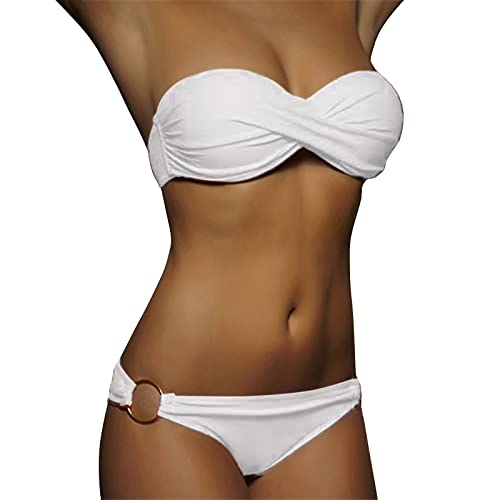 Nadunje Damen Bikini Set Bandeau Trägerlos Badeanzüge Sommer Einfarbig Zweiteiliger Bauchweg TangaBademode Bikini-Oberteil Und High Waist Bikinihose Sexy Bademode Set für Damen Strandmode Swimsuits von Nadunje