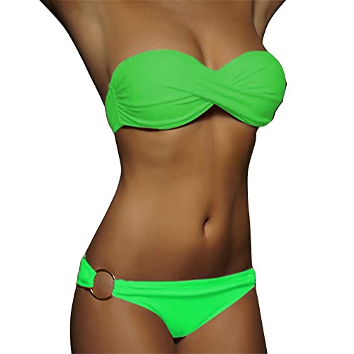 Nadunje Damen Bikini Set Bandeau Trägerlos Badeanzüge Sommer Einfarbig Zweiteiliger Bauchweg TangaBademode Bikini-Oberteil Und High Waist Bikinihose Sexy Bademode Set für Damen Strandmode Swimsuits von Nadunje