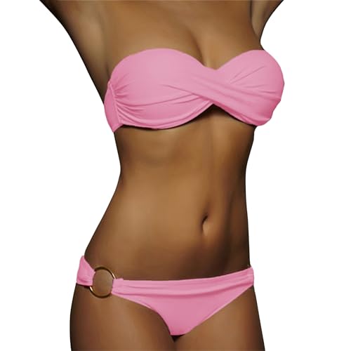 Nadunje Damen Bikini Set Bandeau Trägerlos Badeanzüge Sommer Einfarbig Zweiteiliger Bauchweg TangaBademode Bikini-Oberteil Und High Waist Bikinihose Sexy Bademode Set für Damen Strandmode Swimsuits von Nadunje