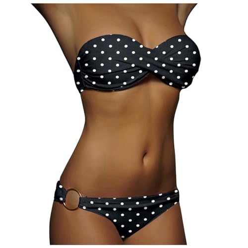 Nadunje Damen Bikini Set Bandeau Trägerlos Badeanzüge Sommer Einfarbig Zweiteiliger Bauchweg TangaBademode Bikini-Oberteil Und High Waist Bikinihose Sexy Bademode Set für Damen Strandmode Swimsuits von Nadunje