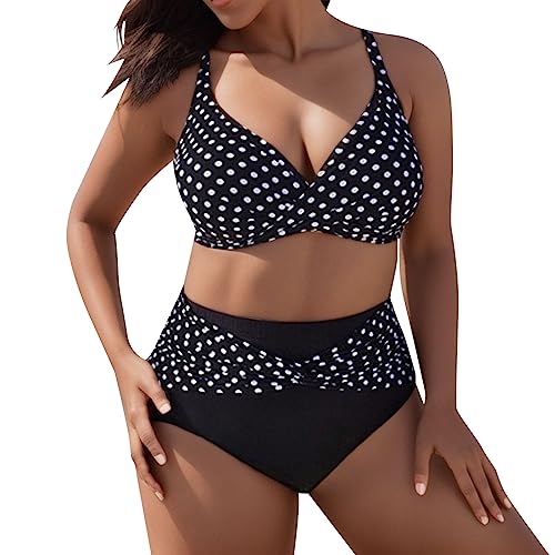 Nadunje Damen Bikini Set GroßE GrößEn V-Ausschnitt überkreuztes Polka Dot Badeanzüge Zweiteiliger Bikini Bademode Bikinioberteil Und High Waist Bikinihose Bademode Set für Damen Strandmode Swimsuits von Nadunje