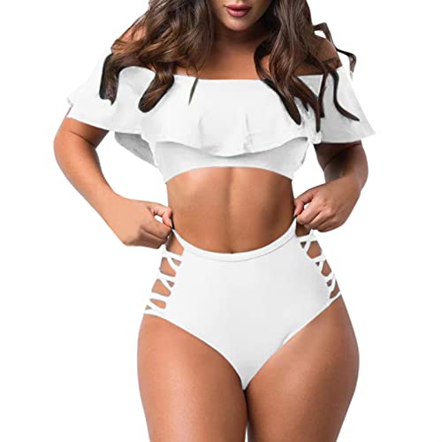 Nadunje Damen Bikini-Set Schulterfrei Rüschen Badeanzüge Sommer Zweiteiliger Bauchweg Push Up Bademode Bikinioberteil Und High Waist Bikinihose Sexy Tanga Bademode Set Damen Strandmode Swimsuits von Nadunje