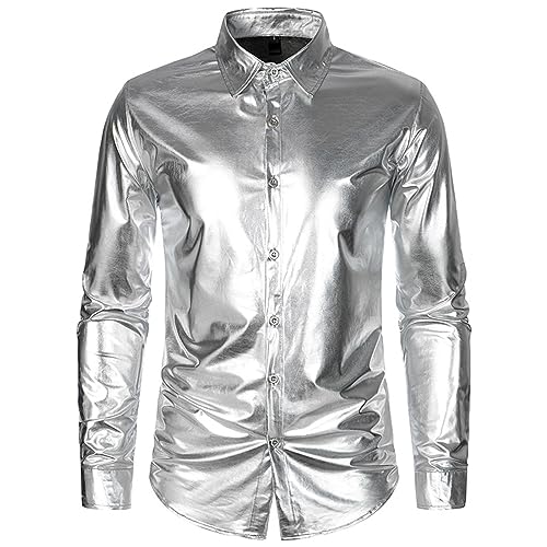 Nadunje Glitzer Hemd Herren, Pailletten Hemd Herren Metallic Glänzend Freizeithemd Knopfleiste Langarmhemd Slim Fit Satin Glitzerhemd Pailletten Oberteil Glitzer Oberteil Herren für Karneval Party von Nadunje