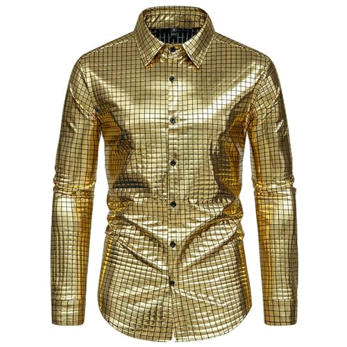 Nadunje Glitzer Hemd Herren, Pailletten Hemd Herren Metallic Glänzend Freizeithemd Knopfleiste Langarmhemd Slim Fit Satin Glitzerhemd Pailletten Oberteil Glitzer Oberteil Herren für Karneval Party von Nadunje