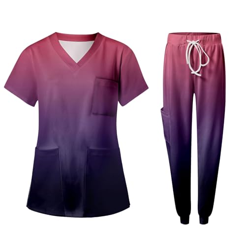 Nadunje Unisex-Schrubb-Set Medizinische Arbeitskleidung Damen Farbverlauf Schlupfkasack und Schlupfhose Set Berufsbekleidung mit Taschen und Verstellbarer Große Größen Krankenhaus Medizin Uniform von Nadunje