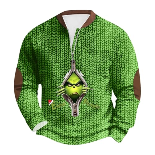 Nadunje Weihnachtspullover Herren Weihnachtspulli Grün Bedruckte Weihnachts Sweatshirt Halber Reißverschluss Pullover Stehkragenpullover Henley Shirt Herren Langarm Warm Festlich Langarmshirt Oberteil von Nadunje