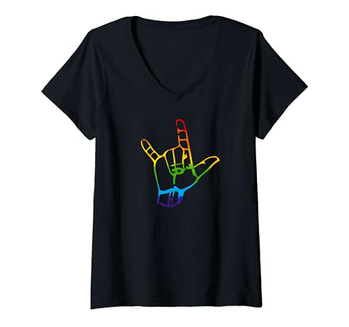 Damen LGBT Pride Liebe Gebärdensprache Handzeichen Regenbogen T-Shirt mit V-Ausschnitt Damen LGBT Pride Liebe Gebärdensprache Handzeichen Regenbogen T-Shirt mit V-Ausschnitt von Nächstenliebe Love LGTB Gebärden Handzeichen