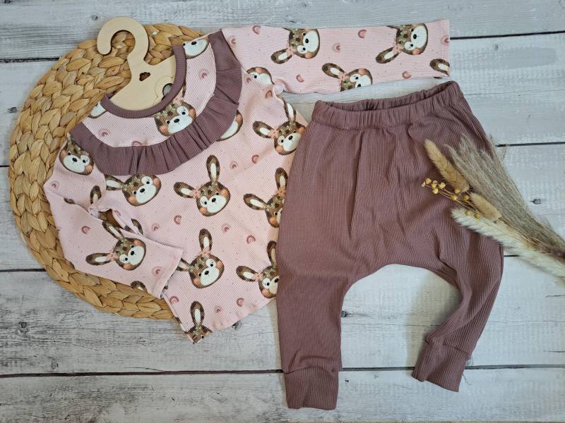 Babyset Mädchen Häschen Gr. 74, Slim Harem Hose Und Rüschenshirt von Naehfloeckchen