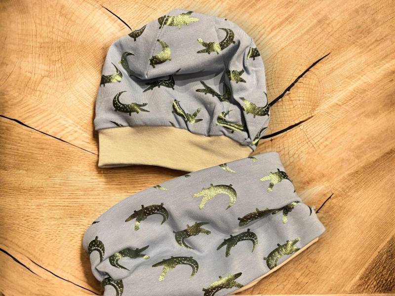 Mütze Winter Herbst Krokodil Baby Kinder Ballonmütze Beanie Set Loop Schlauchschal von Naehhoernchen