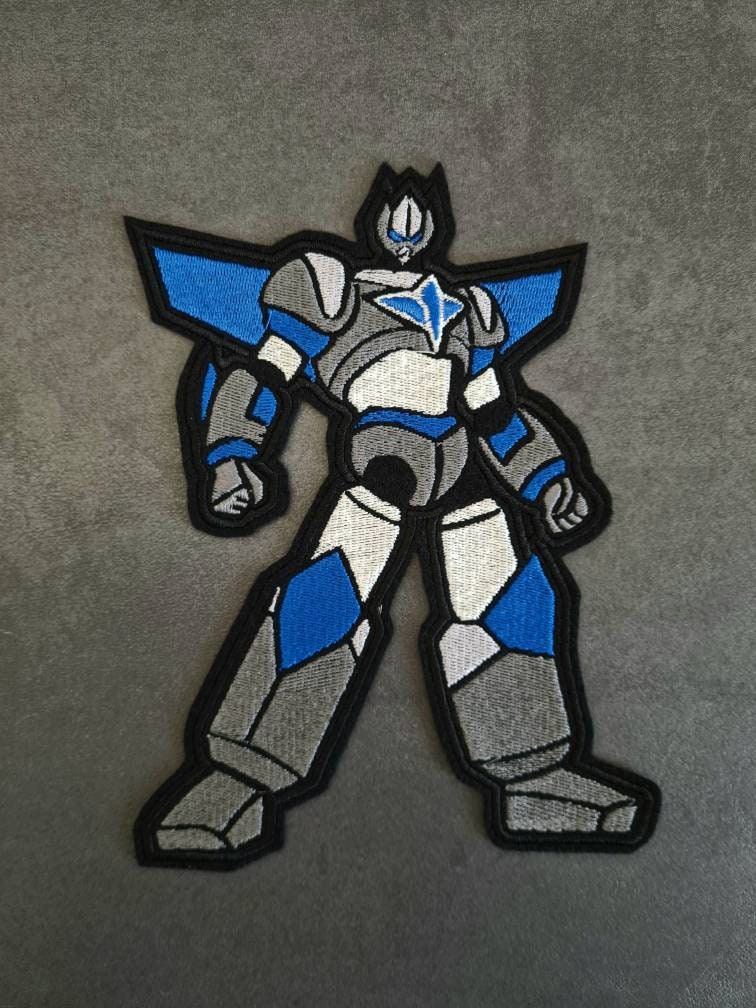 Blauer Roboter, Aufnäher, Stickerei von NaehundStickliebe