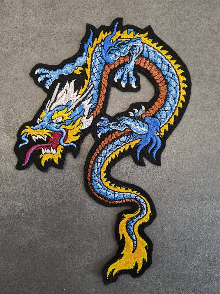 Gelb Blauer Drache, Aufnäher, Applikation von NaehundStickliebe
