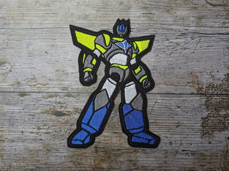 Neongelb-Blau-Grauer Roboter, Aufnäher, Stickerei von NaehundStickliebe