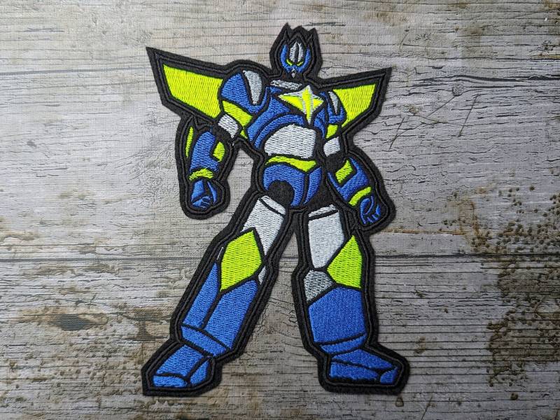 Neongelb -Blauer Roboter, Aufnäher, Stickerei von NaehundStickliebe