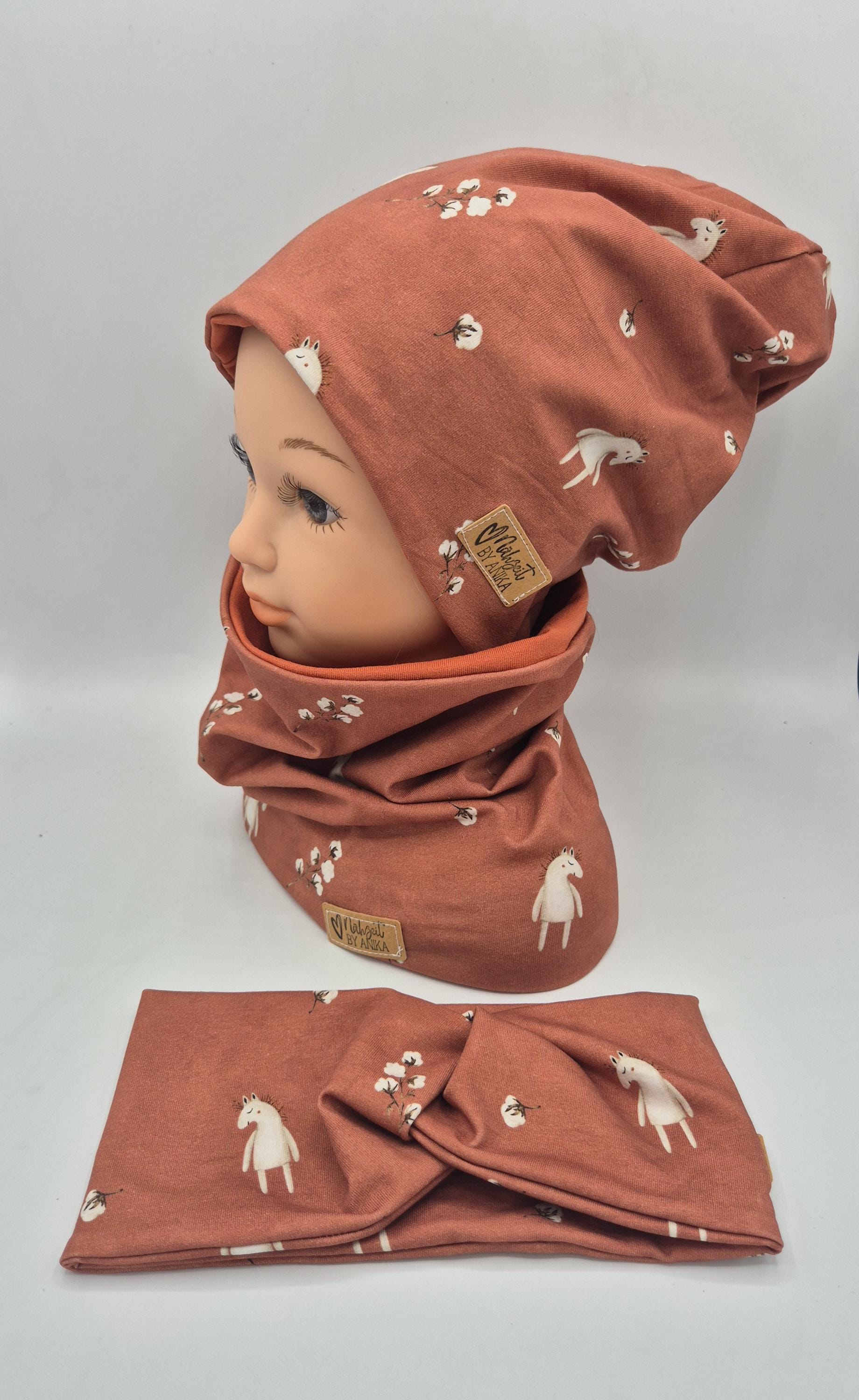 Beanie, Stirnband Und Loop Jersey Pferde, Warme Mütze Mit Schal, Knotenstirnband Fleece, Wintermütze Mädchen von NaehzeitByAnika