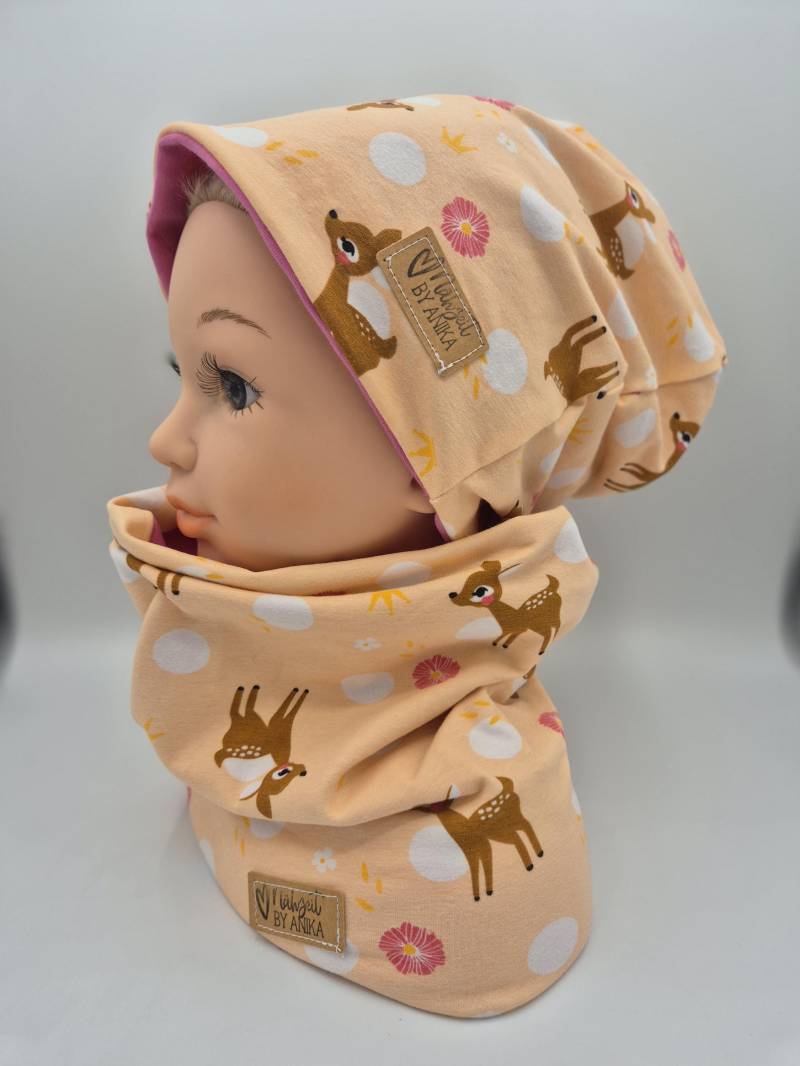 Beanie, Stirnband Und Loop Jersey Reh, Warme Mütze Mit Schal Mädchen, Knotenstirnband Schal, Fleece, Wintermütze von NaehzeitByAnika