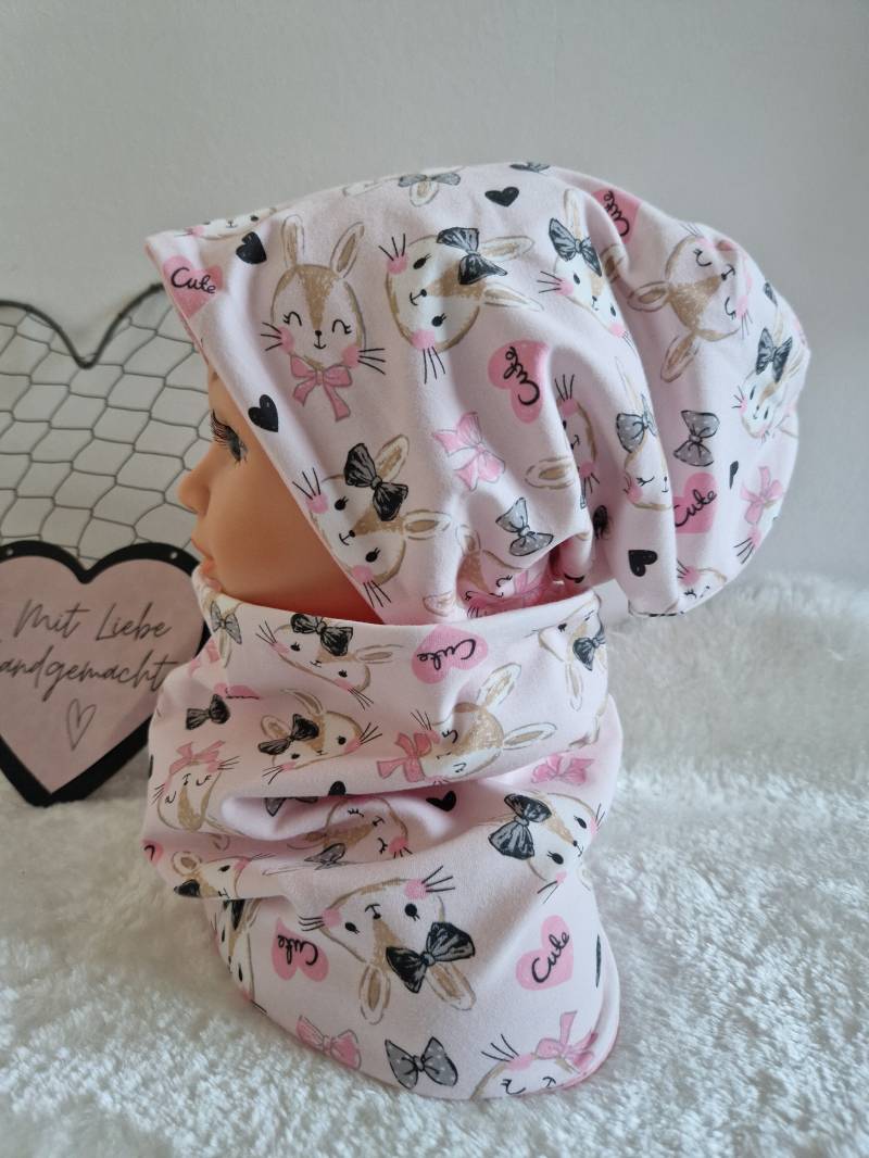 Mütze Und Schal Für Mädchen, Beanie Loop, Kindermütze, Den Frühling, Geschenk Geburtstag Oder Ostern Hase Rosa von NaehzeitByAnika