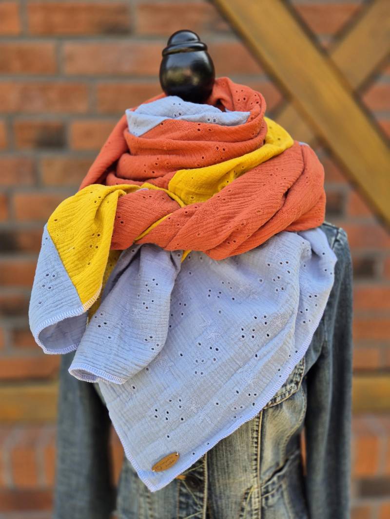 Blau-Senfgelb-Rost - Schal Herbst, Musselintuch Damen, Dreieckstuch, Halstuch Für Geschenk Geburtstag, Weihnachten, Winter von NaehzeitByAnika