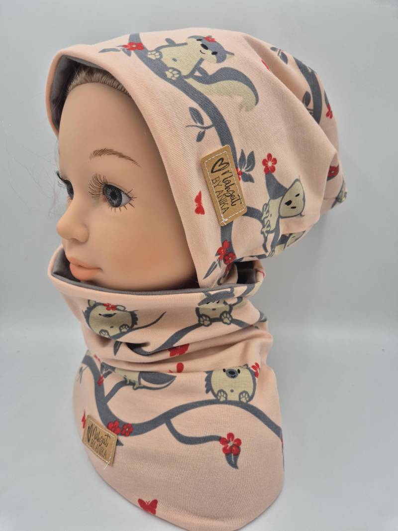 Beanie, Stirnband Und Loop Jersey Eulen-Motiv, Warme Mütze Mit Schal, Knotenstirnband Fleece, Wintermütze Mädchen von NaehzeitByAnika