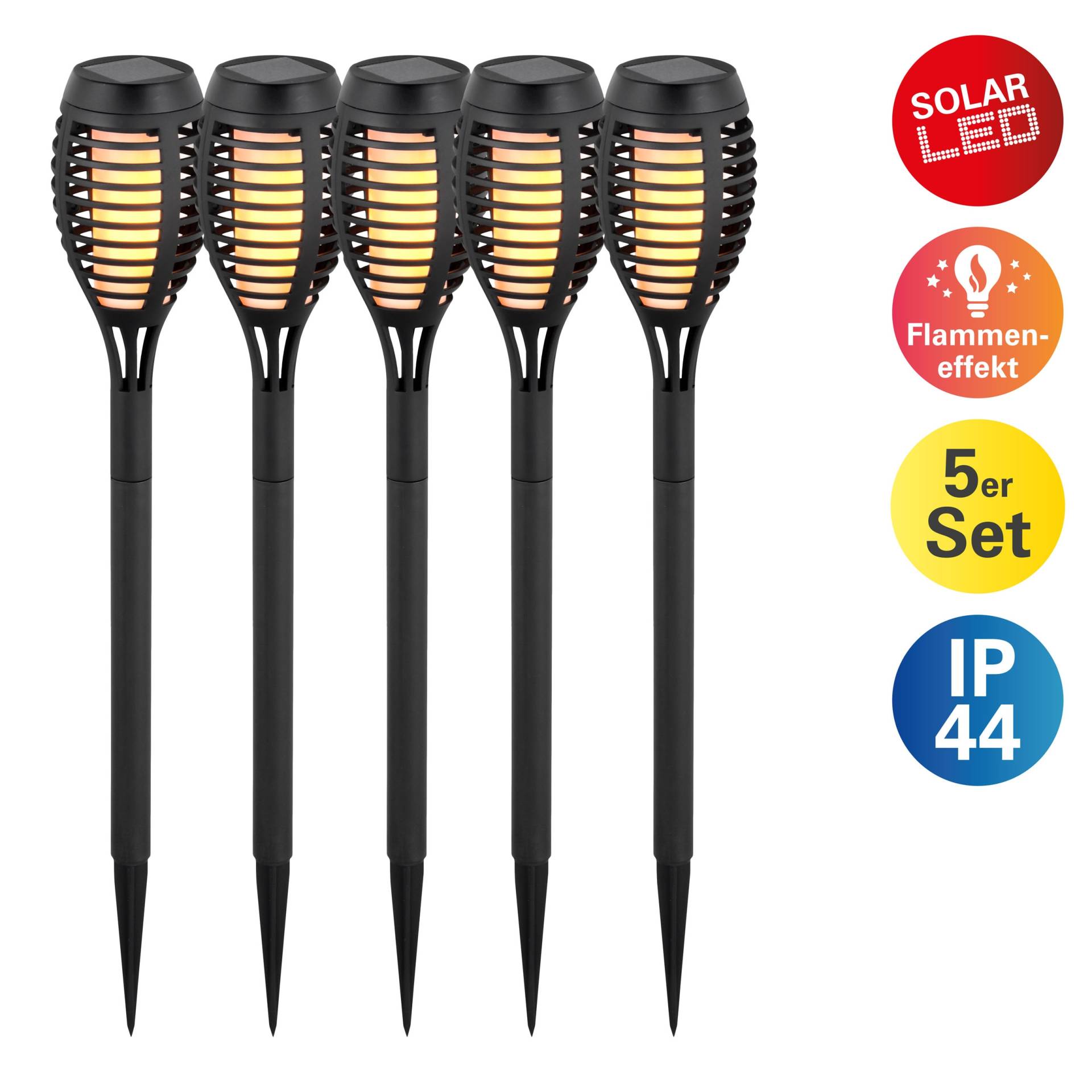 näve LED Solarleuchte "Fanilo" LED-Modul 5 Stk. Warmweiß 5er Set Fackeln, Flammeneffekt, schwarz, LED warmweiß, H: 45cm, D: 6cm von Näve