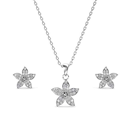 Nagel Jewellery Set Anhänger und Ohrstecker Sparkling Fower - Blüte | 925 Sterling Silber | Vergoldet mit 18K Weißgold | Mit Zirkonia im Brillantschliff | Kette 40 + 5 cm von Nagel Jewellery