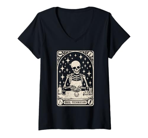 Damen Nageldesignerin Halloween Nail Technician Tarot Card T-Shirt mit V-Ausschnitt von Nageldesignerin