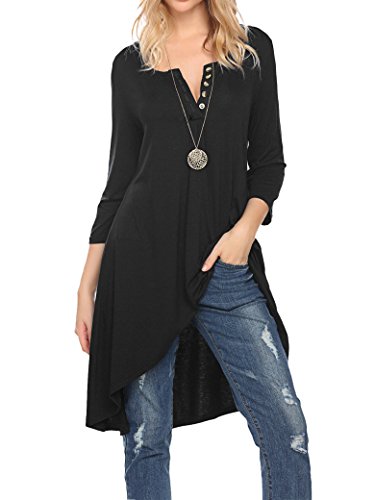 Naggoo Damen 3 4 Ärmel lockere Passform asymmetrische Tunika Tops Kleid V-Ausschnitt T-Shirts lang (XXL, Schwarz) von Naggoo