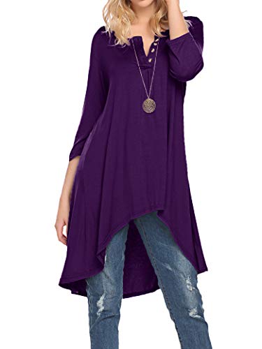 Naggoo Damen Freizeithemden Henley V Ausschnitt Knopf Loose Fit Tuniken Tops Deep Purple von Naggoo