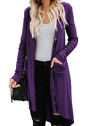 Naggoo Damen Lange Strickjacken Button Down High Low Solid Knit Lose Strickjacken mit Taschen, Violett, Klein Naggoo Damen Lange Strickjacken Button Down High Low Solid Knit Lose Strickjacken mit Taschen, Violett, Klein von Naggoo
