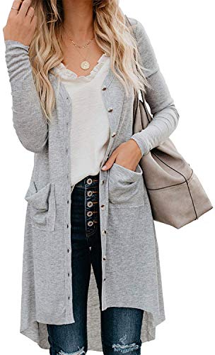 Naggoo Damen Lange Strickjacken Button Down High Low Solid Knit Lose Strickjacken mit Taschen Hellgrau von Naggoo
