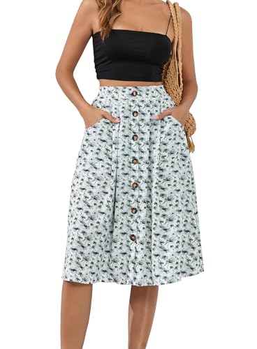 Naggoo Damen-Sommerröcke, lässig, Knopfleiste vorne, A-Linie, hohe Taille, Midirock mit Taschen, Grün / Weiß mit Blumenmuster, Klein Naggoo Damen-Sommerröcke, lässig, Knopfleiste vorne, A-Linie, hohe Taille, Midirock mit Taschen, Grün / Weiß mit Blumenmuster, Klein von Naggoo